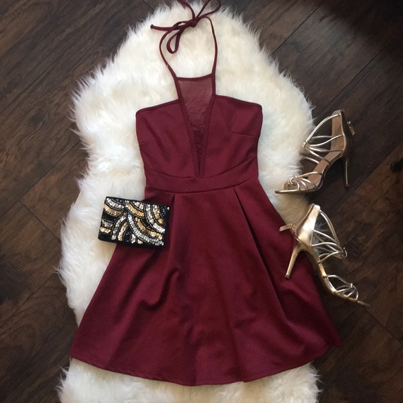 Charlotte Russe Dresses & Skirts - 🌷 Burgundy Halter Dress with Mesh Detail